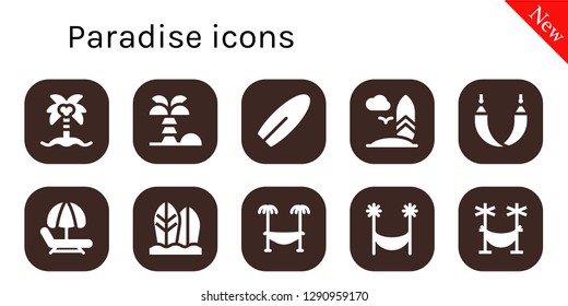  paradise icon set. 10 filled paradise icons. Simple modern icons about  - Coconut tree, Surfboard, Hammock