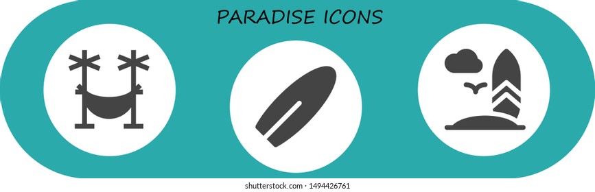 paradise icon set. 3 filled paradise icons.  Collection Of - Hammock, Surfboard