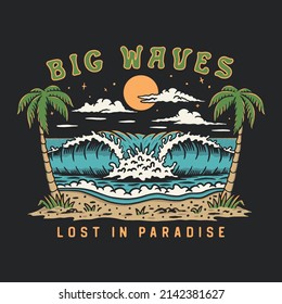 paradise illustration surf waves design summer vintage