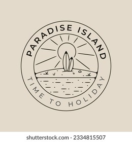 paradise island beach line art logo vector with emblem template illustration design with palm tree and sun burst icon design