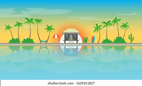 Paradise island with bungalows and palm trees, sandy beaches. Sunrise, sunset on the ocean or sea. Vector banner with summer resort. Background illustration.