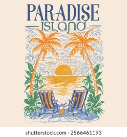 Paradise Island. Coconut Tree. palm tree beech vector. Tropical Vacation. retro prints. summer beach prints. girls summer graphics. t shirt design. sunset sunrise vibes