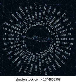 Paradise Island digital map. Binary rays radiating around glowing island. Internet connections and data exchange design. Vector illustration.