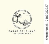 paradise island with emblem and line art style logo icon template design. palm tree, wave, beach, sun, bird vector illustration