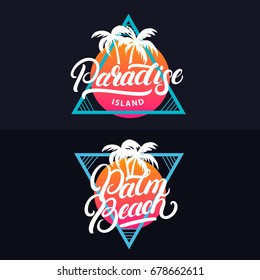 Paradise Island Hand Written Lettering Tee Print. Retro Vintage Tee Print. Dark Background. Vector Illustration.