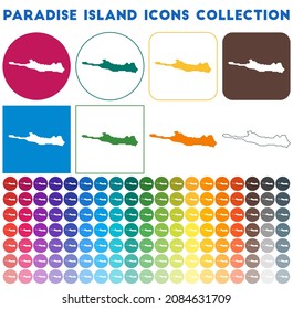 Paradise Island icons collection. Bright colorful trendy map icons. Modern Paradise Island badge. Vector illustration.