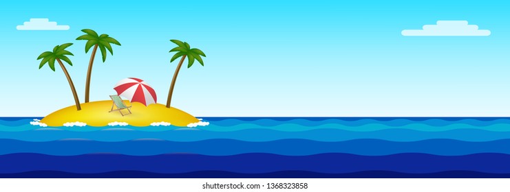 Paradise island in the middle of the ocean with three palm trees, a chaise longue and an umbrella