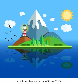 Paradise Island with mountain, hill, tree and birds. Summer time holiday voyage concept. Illustration in flat style. Travel background.