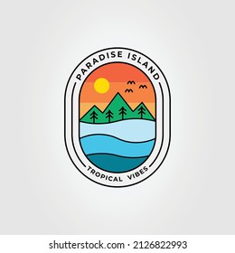 paradise island or ocean badge logo vector illustration design. minimalist tropical beach and mountain emblem symbol