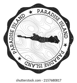 Paradise Island outdoor stamp. Round sticker with map with topographic isolines. Vector illustration. Can be used as insignia, logotype, label, sticker or badge of the Paradise Island.