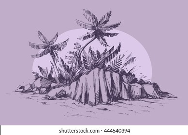 Paradise Island With Palms And Stones. Vector Sketch. 