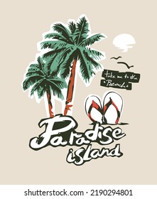 paradise island slogan with palm trees and sandals vector illustration