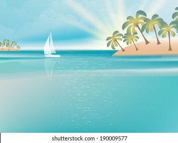 Paradise island in turquoise water with a yacht. EPS 10 vector file included