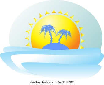Paradise Island with two palm trees in the background of the huge alluring sun encourages tourists to the sea