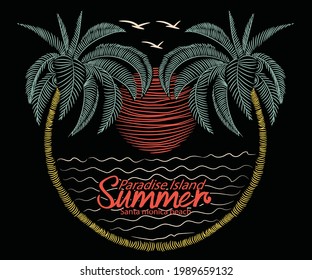 paradise island vector . summer illustration  for t shirt. Summer time vector design. Palm tree vector artwork. nature vibes art.