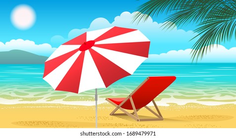 Paradise landscape. Summer tropical scenic panorama of beach and coastline with lounge chairs and palm tree vector background
