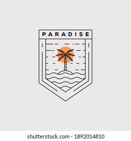 paradise line art logo vector illustration design. coconut tree minimalist badge icon. palm tree outline symbol