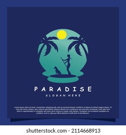 Diseño del logo del paraíso con palmera y concepto de espacio negativo vector premium