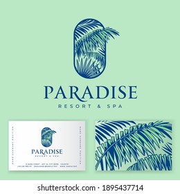 Paradise logo. Tropical spa  and resort emblem. Palm leaves into rounded frame and elegant letters. Identity. Business card.