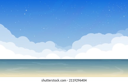 Paradise ocean shore with calm water. Clouds and stars above the sea. Starry sky with clouds. Horizontal realistic summer morning sky view near the sea shore with yellow sand through ocean water.