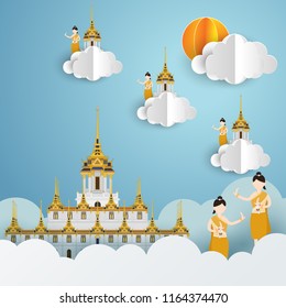 Paradise on blue sky. Thai young lady in an ancient Thailand dance