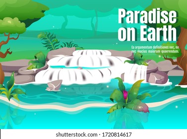 Paradise on Earth poster flat vector template. Turquoise lagoon in jungle. Rainforest with water stream. Brochure, booklet one page concept design with cartoon characters. Jungle flyer, leaflet