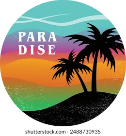 paradise palmtree and ocean landscape at sunrise sphere vector illustration with grunge texture 