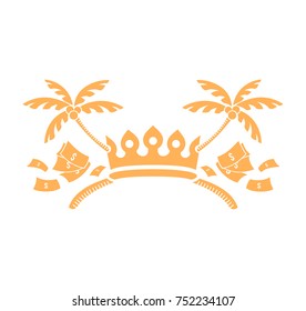 Paradise papers logo - humor vignette with crown, money and tropic island palm trees crossed as sign of leaked documents about government money laundering and taxation crime