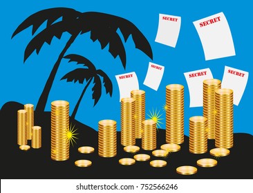 Paradise papers papers vector illustration with palm trees on an island filled with piles of golden money coins in offshore tax heaven