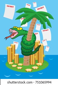 Paradise papers papers vector illustration with snake around a palm tree on an island with piles of golden money coins in offshore tax heaven
