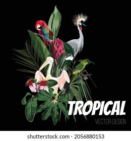 Paradise parrot, crane, pelicane birds with exotic leaves and flowers. Card template composition. Detailed  design illustration. Valentine. Wedding. Poster. T-shirt print. Party invitation.