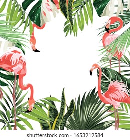 Paradise pink flamingo birds with exotic leaves. Card template, frame. Detailed vector design illustration. Valentine. Wedding. Poster.