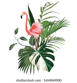 Paradise pink flamingo birds with exotic leaves. Card template composition. Detailed vector design illustration. Valentine. Wedding. Poster. T shirt print.