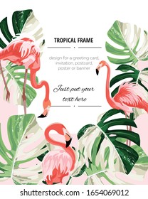 Paradise pink flamingo birds with exotic leaves. Card template, frame. Detailed vector design illustration. Valentine. Wedding. Poster.