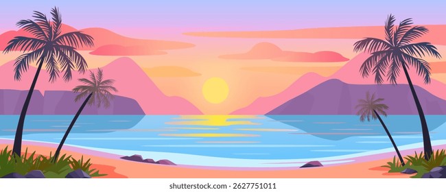 Paradise pink sunset on the beach with palm trees. Sandy beach at sunset. Tropical beach vacation. Vector illustration of seascape and vacation.