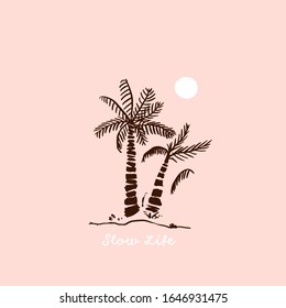 Paradise poster quote with palm tree and moon, minimal print, ocean flyer, vacation sign, trendy t-shirt design