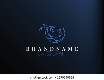 Paradise resort logo design. Vector illustration of waves beach with coconut tree. Vintage logo design vector line icon template