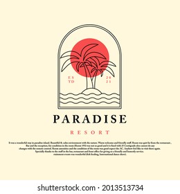 Estilo vintage de Paradise resort con palmeras, puesta de sol e icono de olas.  Ilustración vectorial del logotipo del paraíso para su marca, negocio o ropa