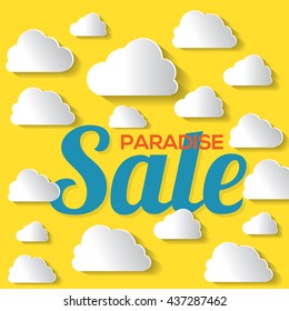 Paradise Sale With White Clouds On Yellow Background Vector Illustration