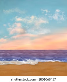 Paradise sea beach with nobody on it at the sunset. Realistic vector illustration.  

