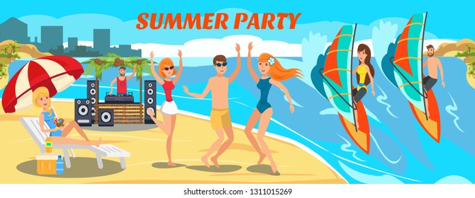 Paradise sea resort vector flat banner. Summertime activities. Windsurfing, party, relax on ocean beach. Tourists, holidaymakers have fun cartoon characters. Summer party illustration with lettering