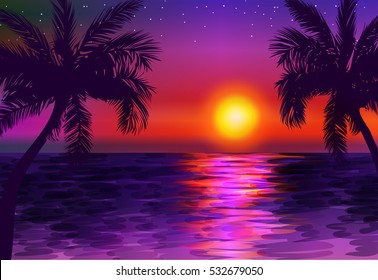 paradise seascape at sunset vector illustration