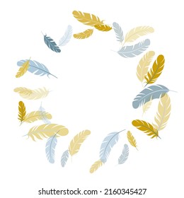 Paradise silver gold feathers vector background. Plumage glamour fashion shower decor. Smooth plumelet tribal ornate graphics. Flying feather elements airy vector design.