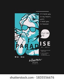 Paradise Slogan With Baby Angel Graphic Illustration On Black Background