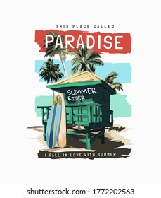 paradise slogan with beach hut and surfboards on colorful stripe background