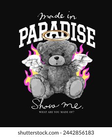 paradise slogan with black and white bear doll angel hand drawn vector illustration on black background