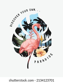 paradise slogan with flamingo on palm beach background in exotic leaf shape vector illustration