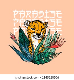 Paradise slogan. Leopard with flowers. Typography graphic print, fashion drawing for t-shirts. Vector stickers,print, patches vintage