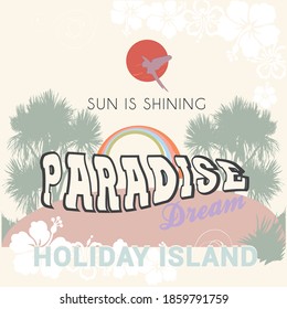 Paradise slogan vector graphic with palm tree bird summer tropical hibiscus