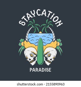 Paradise summer in the beach with skull and flowers vector illustration